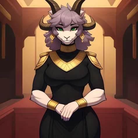 mature_goat female graying_purple_hair massive_bushy_hair massive_bun faded_pink_furry_body green_eyes milf large_gold_tipped_horns gold_earrings gold_choker gold_gorget black_dress_with_fur_trim solo Masterpiece best_quality absurdres highly_detailed clea...