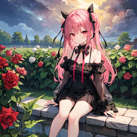 A pink-haired、bow ribbon、red eyes、Beautiful girl alone、Black Dress、off shoulders、a miniskirt、sitting on、rose garden、starrysky