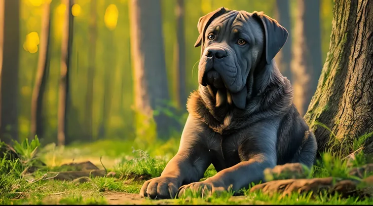 A beautiful Neapolitan mastiff dog in the forest, sunset, dark theme, 4k, ultra quality, ultra detailed, photography, realism --auto --s2