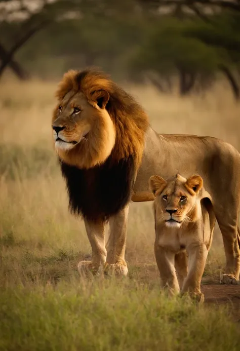 Two male lions, Inside the Savannah, preparing to hunt hyens