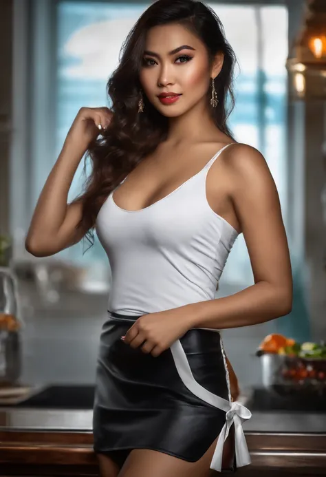 beautiful filipina looking forward, 8k, exotic, sexy, erotic,epic lighting, realistic, wearing wet shirt, white apron, mini skirt