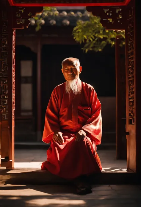 An old Chinese man sitting in the oriental background with bright sun