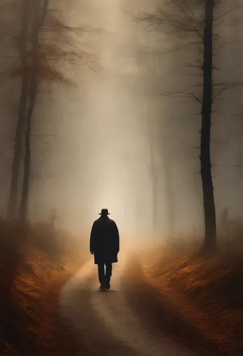 arafed person walking down a dirt road in the fog, walking away from the camera, walking away from camera, fog mads berg, standing in road, fading into the distance, fading off into the distance, by Karl Buesgen, walking away, by Alexis Grimou, by Christen...