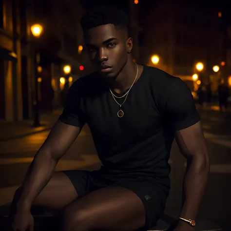 Photo model young man with black t- sitting, fashion, soft lighting, vibrant colors, masterpiece, ((streets)), night, detailed face in no underwear