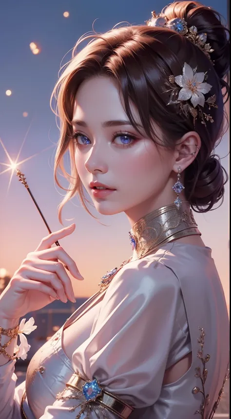 tmasterpiece，Highest high resolution，((themoon))，Dynamic bust of a beautiful aristocratic maiden，elegantly coiled brown chestnut hair，Purple clear eyes，Hair is covered with beautiful and delicate floral craftsmanship, Crystal Jewelry Filigree，Ultra-detaile...