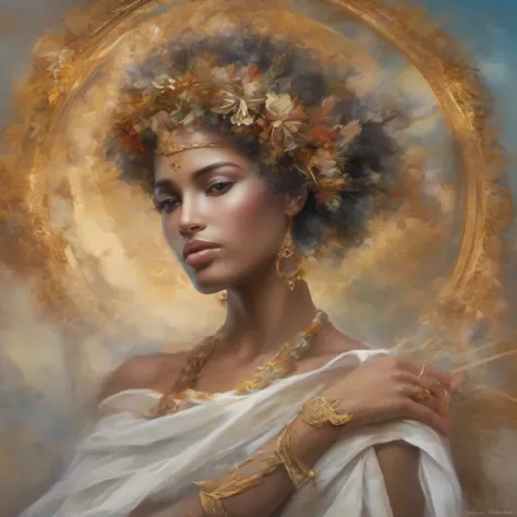 obra de arte inspirada na deusa Afrodite, The personification of beauty and love in Greek mythology. Retrate-a como uma figura esbelta e graciosa, Wrapped in a halo of divine light that enhances its enchanting aura. Your characteristics should express sere...