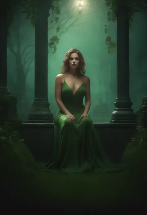 (extremely detailed CG unity 8k wallpaper), a beautiful young woman in the fog, naked, boos covered by the fog, sitting, graveyard with spooky green lanterns, ominous figure discreetly looming in the background Style-Empire, (Style-Glass), (((surrealism)))...