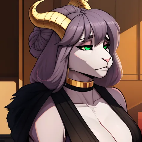 mature_goat female graying_purple_hair long_bushy_hair massive_bun faded_pink_furry_body green_eyes long_snout tired_eyes milf large_gold_tipped_horns gold_earrings solid_gold_choker open_topped_black_dress_with_fur_trim solo Masterpiece best_quality absur...