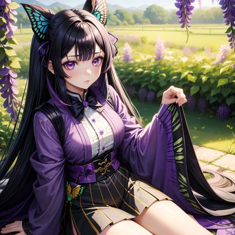 1 girl, Kocho Shinobu, Kimetsu no Yaiba, multi-colored hair, two-colored hair, black hair, two strands, butterfly hair decorations, wisteria hair, big bright eyes, purple eyes, medium breasts, [purple blouse] [black miniskirt] In the garden, sitting in a f...