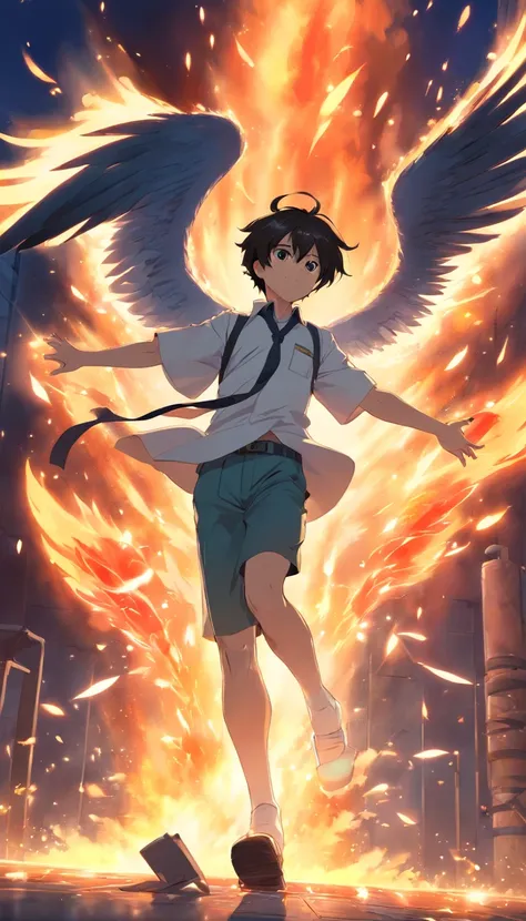 A painting that represents the essence of the world war, white bandages,Handsome male，Black wings，Immerse yourself in a magical array of flame energy, Glowing particles dance around him，Mysterious symbols form in the air