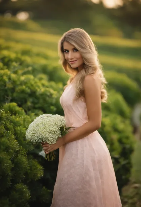 1girl, :d, Orelha de animal fluff, orelhas de animais, franja, faixa de cabelo preta, blonde hair, Blurry, blurry background, profundidade de campo, vestir, flor, vaso de flores, vestido babado, Frescuras, vestido verde, olhos verdes, faixa de cabelo, prop...