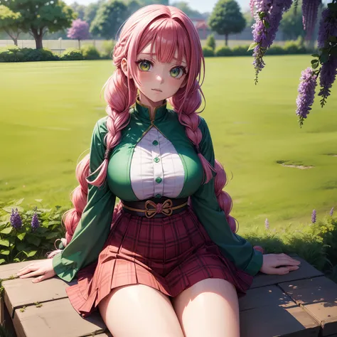 One girl, Mitsuri Kanroji, Kimetsu no Yaiba, two-color hair, facial hair, pink hair, two big braids, green hair, big bright eyes, green eyes, relatively large breasts, [red T-shirt with a round collar] [short skirt Black], in the garden, sitting in a field...