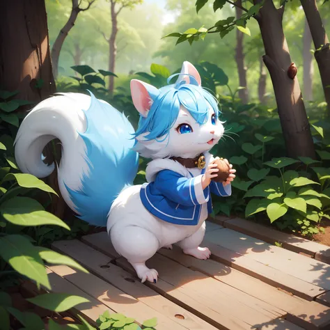 There is a small white squirrel with an acorn in his hand,  Chibichara　A cute girl with blue hair is also with me。It is a cute costume in white and blue。Dark eyes。cute forest creature, Adorable Digital Painting, cute detailed digital art, the squirrel king...