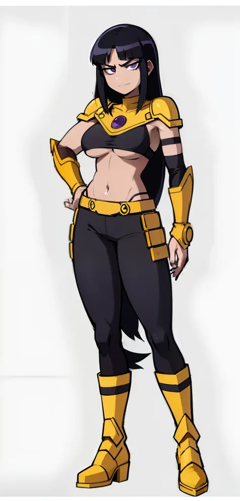 My Hero Academia style, anime Girl, female, trending on artstation pixiv, (full body shot:1.5), Blackfire, Teen Titans, wide hips, wide thighs, medium breast, Very long hair, black hair, straight hair, violet eyes, black underboob tube top, black tube top,...