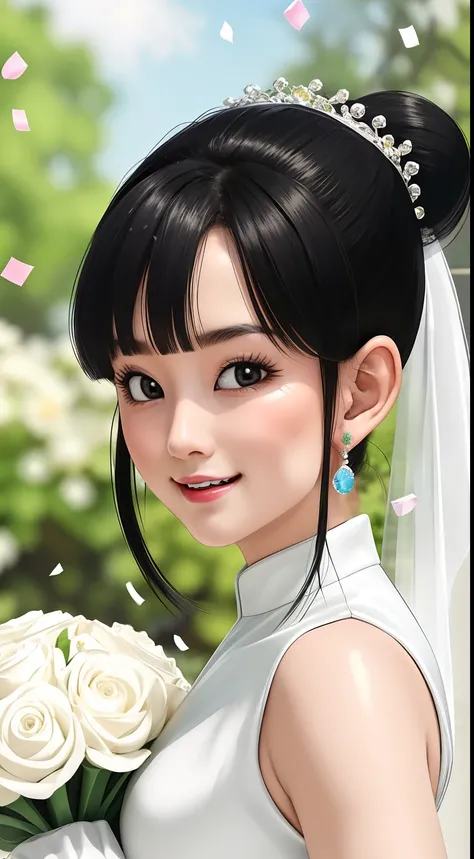 masterpiece, best quality, highres, dragon ball, bbchichi, (low ponytail:1.1), black eyes, tiara, wedding dress, white dress, white gloves, garden, cowboy shot, confetti, looking at viewer, holding bouquet, smile, open mouth,