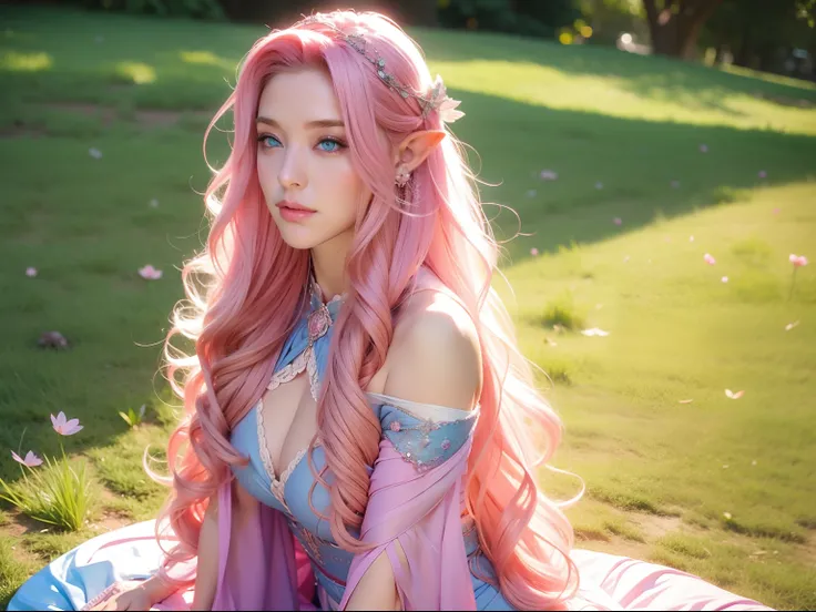 one woman, long curly hair, voluminous, pink hair, blue eyes, Enchantress, elf ear, magic background, sitting on grass, sexy outfit