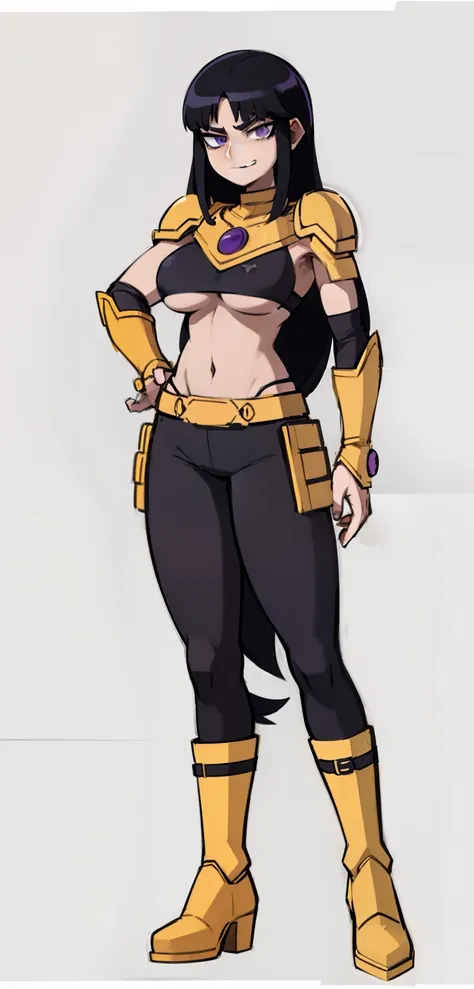 My Hero Academia style, anime Girl, female, trending on artstation pixiv, (full body shot:1.5), Blackfire, Teen Titans, wide hips, wide thighs, medium breast, Very long hair, black hair, straight hair, violet eyes, black underboob tube top, black tube top,...