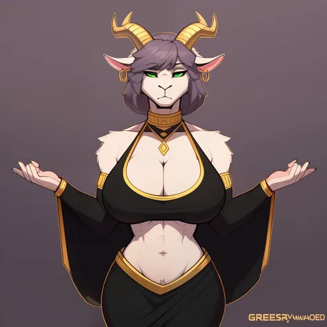 mature_goat female graying_purple_hair long_bushy_hair massive_bun faded_pink_furry_body large_breasts green_eyes long_snout angry throwing_hands_up_in_anger tired_eyes milf large_horns gold_earrings gold_neck_brace open_topped_black_dress_with_fluffy_fur_...