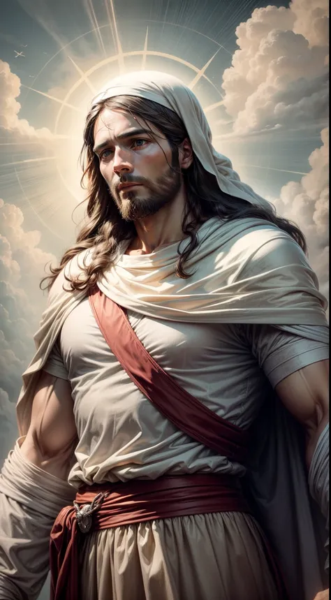 ((JESUS OF NAZARETH)), hovering over the clouds, 33 years old, whole body, jesus christ, jesus, god of heaven, dressed as Jesus Christ, Lord and Savior, the God of heaven, glorious Jesus, coming out of the clouds, perfect face