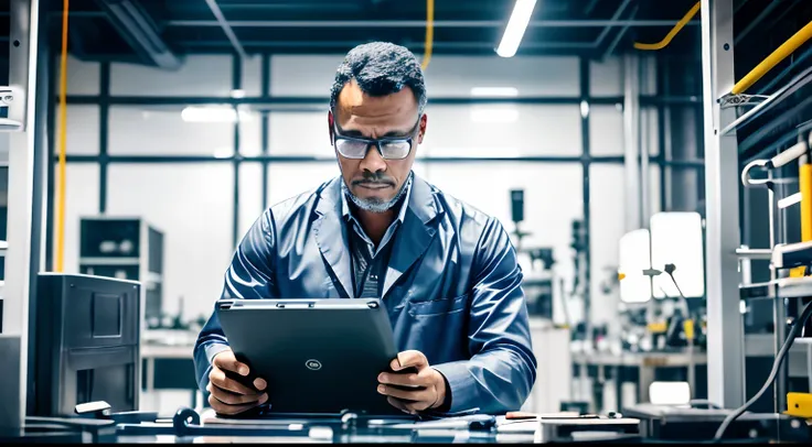 guttonerdvision14, capture the scene of a man wearing glasses while building a time machine in a science and mechatronics lab. t...