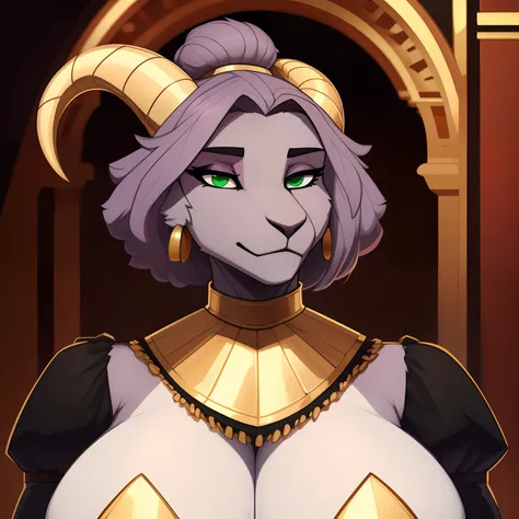 mature_goat female graying_purple_hair long_bushy_hair massive_bun faded_pink_furry_body large_breasts green_eyes long_snout exasperated tired_eyes milf large_horns gold_earrings gold_neck_brace open_topped_black_dress_with_fluffy_fur_trim black_corset sol...