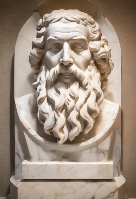 White marble bust statue of the wise philosopher Epictetus with the style of the bearded Greek philosopher in the museum. atmosfera escura, alto contraste de luz e sombra, fotografia profissional, utrarealista, light volumetric, cinemactic