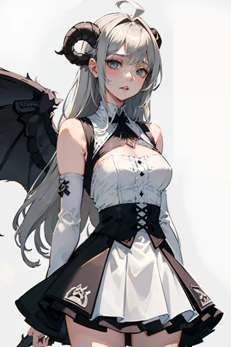 ((masterpiece, best quality)), (1girl), (solo), (female focus), (ahoge, ash blonde hair, long hair), green eyes, ((white shirt), (buttoned shirt)), ((black skirt), (short skirt)), standing, white background, arms behind back, (bat wings on the waist), (she...