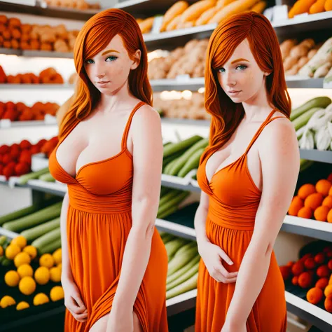 Statuesque ginger model, cleavage, sundress, produce section, feminine, freckles, playful