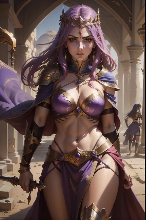 female warrior,persian princess, gypsy, warrior,looking at viewer,brandishing 2 Scimitars,blue cape,purple dress