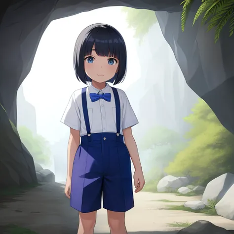 10-year-old Japanese boy with Bob haircut, suspenders, blue shorts, white woven shirt, investigating a cave