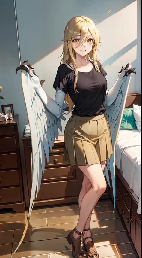 1woman,40s,happy face,shirt, skirtmedium tits,blonde hair,long hair,yellow eyes,harpie wings,wings,long hair,feathers,claws,room