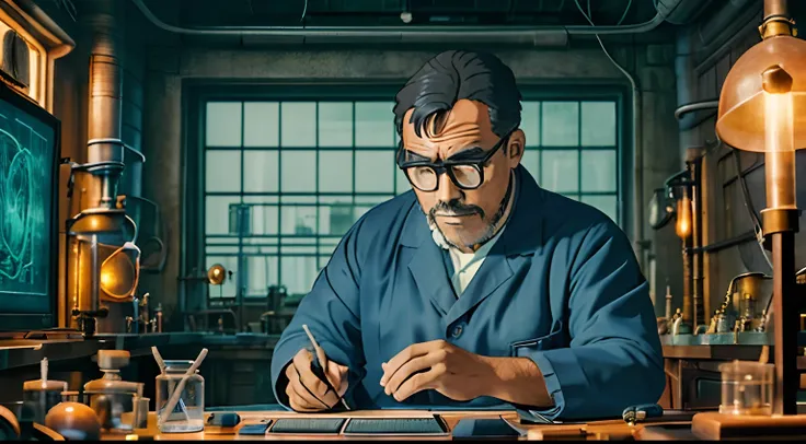 guttonerdvision14, capture a scene of a man with glasses, building a time machine in a laboratory of science and mechatronics, a...