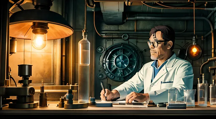 guttonerdvision14, capture a scene of a man with glasses, building a time machine in a laboratory of science and mechatronics, a...