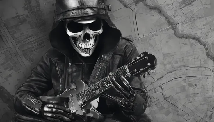 Skull playing geographic data guitar in the style of detailed hyper-realism photoshoot