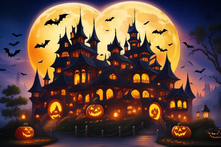 Halloween Poster, pumpkins, the bats, withered huge branches, fullmoon, castle, Western castles、​masterpiece、top-quality、top-quality、realisitic、8K、ghosting、Halloween