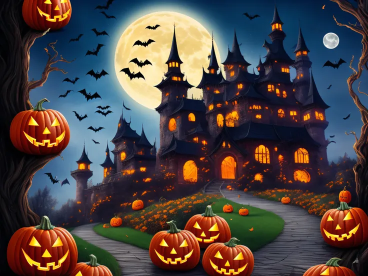 Halloween Poster, pumpkins, the witch, the bats, withered huge branches, fullmoon１piece, castle, Western castles１One、​masterpiece、top-quality、top-quality、realisitic、8K、ghosting、Halloween