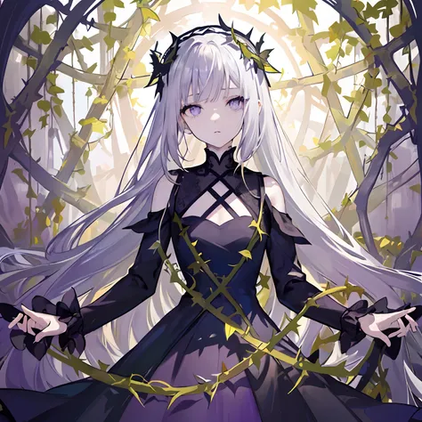 ((masterpiece:1.4, best quality))+, (ultra detailed)+,(ultra detailed eyes)+,
(cute 1girl),15 years old,(violet eyes:1.15),silver hair, very long hair,(wariza:1.2),pale skin,closed mouth,sad,
(She is dressed in a gown made of intertwining vines:1.5),(flat ...