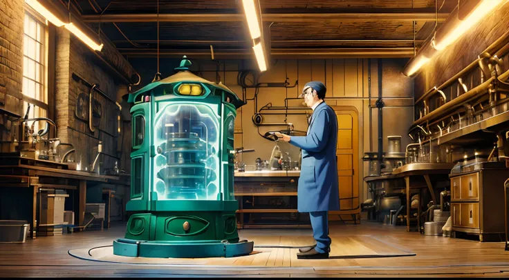 guttonerdvision14, capture a scene of a man with glasses, standing beside his fully constructed time machine in a laboratory ded...