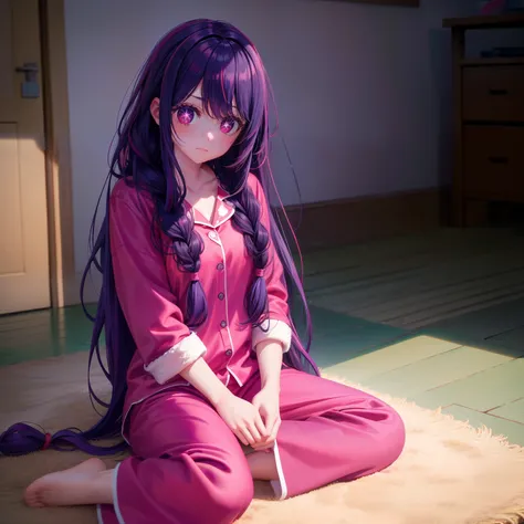 lonely girl, long braided hair, curly hair, purple hair, beautiful bright red eyes, pajamas, sitting on the floor, at home, provocative face,