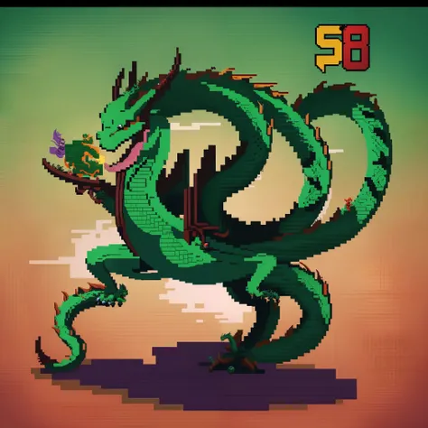 Dragon vs ninja, Retro pixel art style, retro 8-bit console game style, highly detailed,