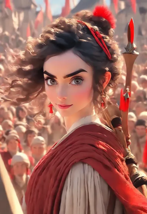 Lily Collins with curly black hair with red headdress, medieval clothes, Bow and arrow at hand, Entry to a square full of stands and the audience watching the detailed illustration, Smooth and bright, HD Art by Leo Citemer