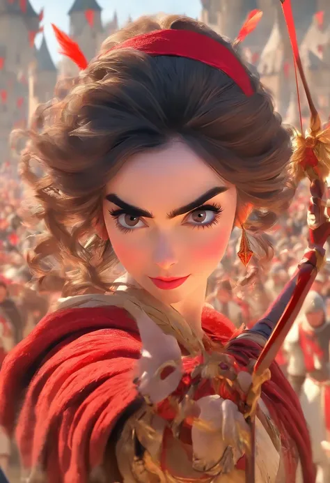 Lily Collins with curly black hair with red headdress, medieval clothes, Bow and arrow at hand, Entry to a square full of stands and the audience watching the detailed illustration, Smooth and bright, HD Art by Leo Citemer