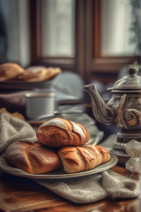 delicious breads, quentes, saborosos, sobre uma toalha de mesa cheia de dobras, with cup of coffee, suco, uma deliciosa geleia, ultra detalhado, Photo Realísitco, hdr, adobe lightroom