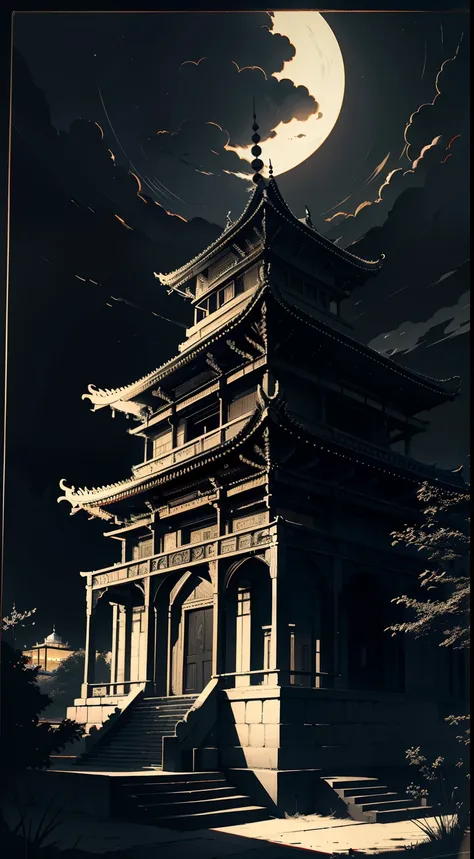 (temple: 1.2), the panorama, High contrast, Black and white or warm colors, Night view or dusk, Ornately carved details, Antique atmosphere.