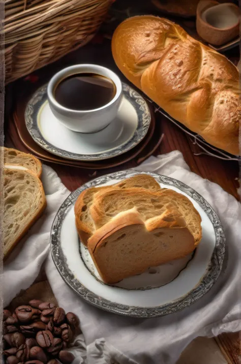 delicious breads, quentes, saborosos, sobre uma toalha de mesa cheia de dobras, with cup of coffee, suco, uma deliciosa geleia, ultra detalhado, Photo Realísitco, hdr, adobe lightroom