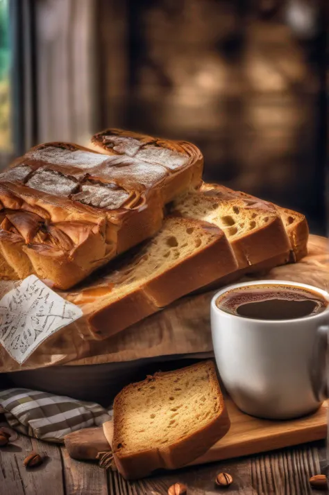 delicious breads, quentes, saborosos, sobre uma toalha de mesa cheia de dobras, with cup of coffee, suco, uma deliciosa geleia, ultra detalhado, Photo Realísitco, hdr, adobe lightroom