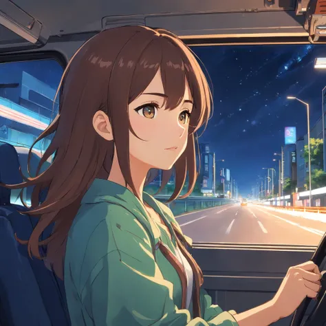 With high-resolution animated illustrations、25 year old woman sits in the drivers seat of a large truck driving on the highway at night。She let her long brown hair flutter in the wind、Holding the steering wheel with a confident expression。The interior of t...