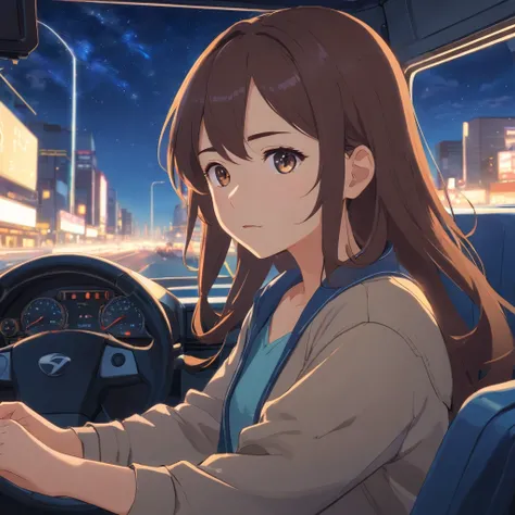 With high-resolution animated illustrations、25 year old woman sits in the drivers seat of a large truck driving on the highway at night。She let her long brown hair flutter in the wind、Holding the steering wheel with a confident expression。The interior of t...