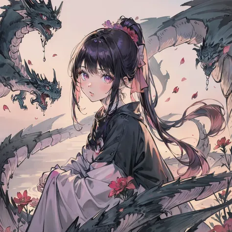 ((Masterpiece, Best Quality)), (Negative Space: 1.2), (1 Girl, Solo: 1.4), Petals, Pink Eyes, Dragon Girl, Long, Purple Hair, High Ponytail, Liquid Hair, Flowers, Dragon Background