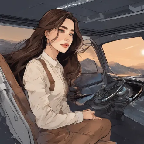 With high-resolution animated illustrations、25 year old woman sits in the drivers seat of a large truck driving on the highway at night。She let her long brown hair flutter in the wind、Get behind the wheel with a confident look。The inside of the bogie is fa...